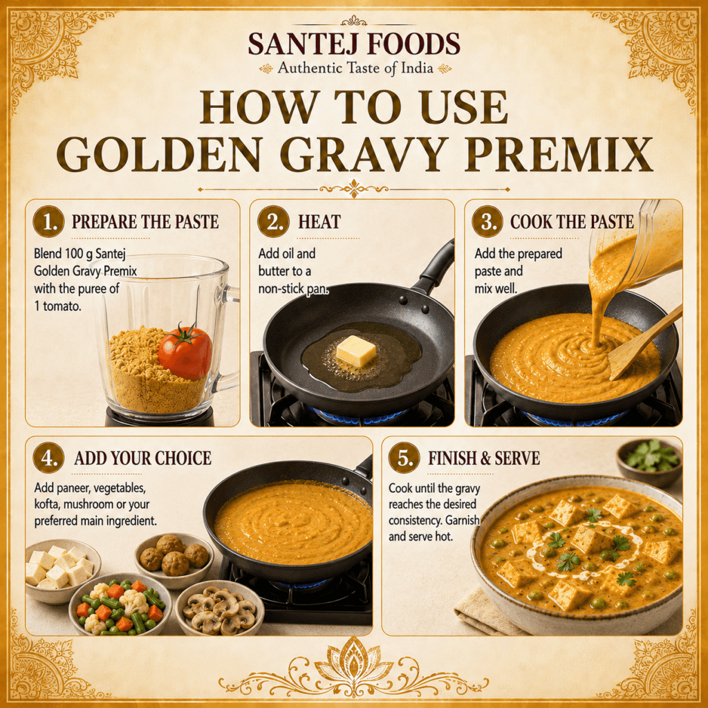 Step-by-step preparation of Santej Golden Gravy Premix using 100 g premix, tomato puree, oil, butter and a non-stick pan.